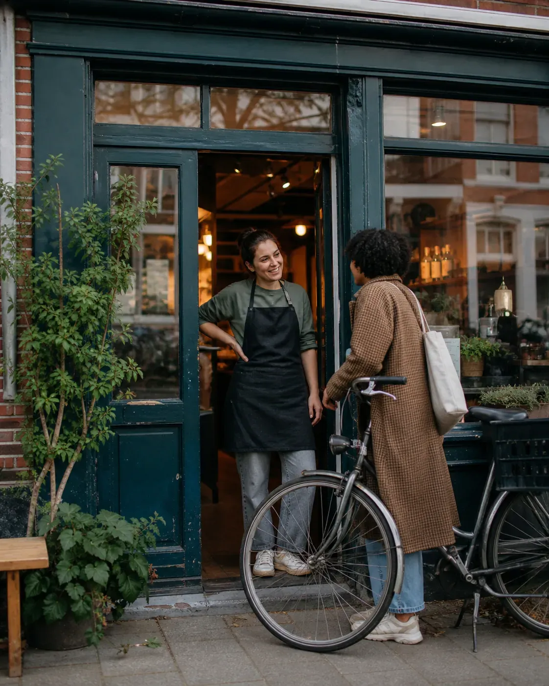 Een buurtbewoner met een fiets in gesprek bij een winkel