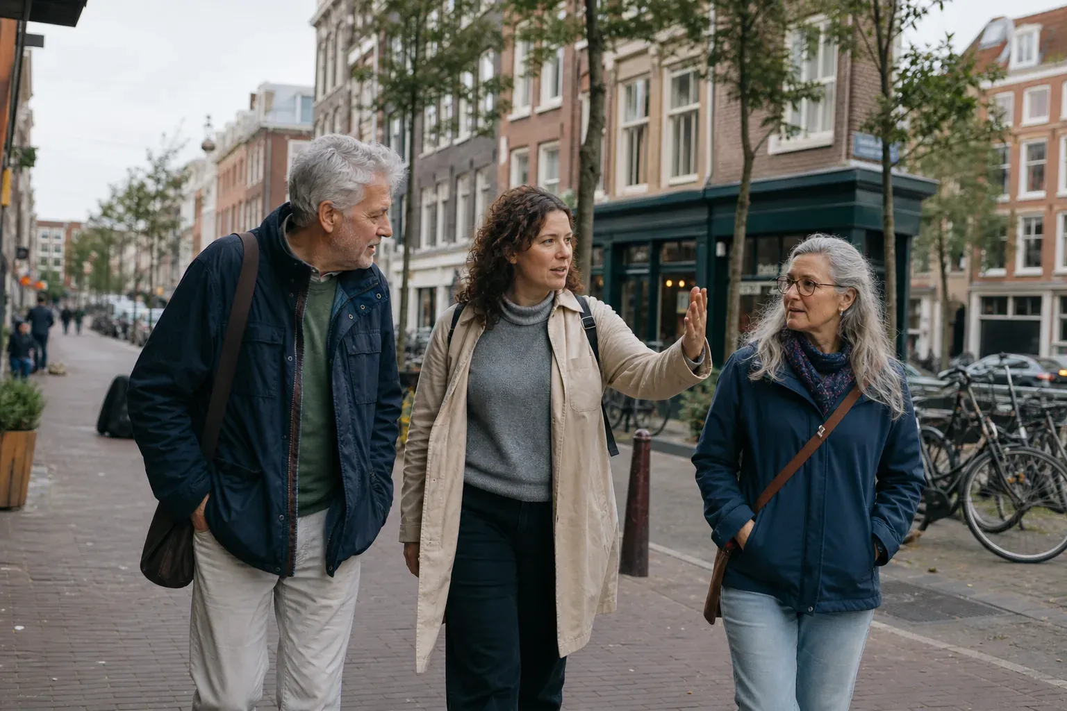 Drie mensen wandelen door de buurt en gaan met elkaar in gesprek